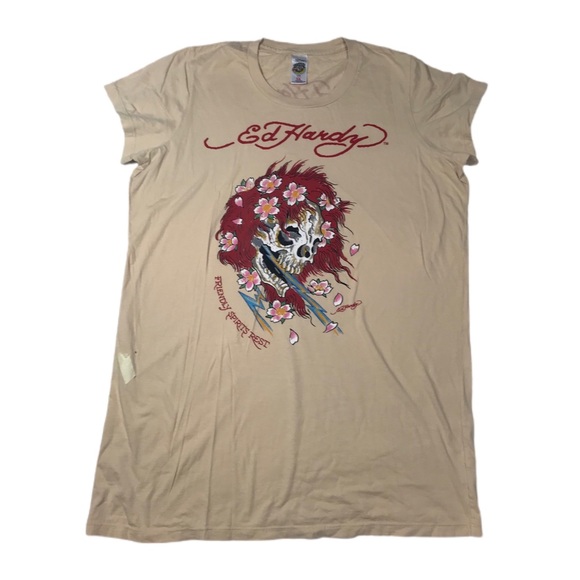 Ed Hardy Tops - FLAWED - Ed Hardy Beige/Light Toffee Friendly Spirits Rest Red-Haired Skull Tee